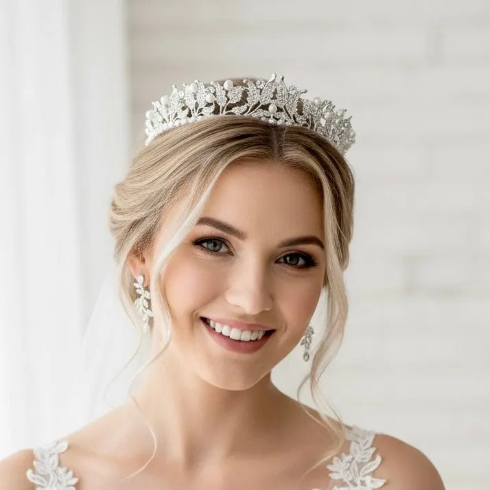 Wedding Hair Accessories - Pearl and Cubic Zirconia Bridal Tiara - Available in Silver and Yellow Gold