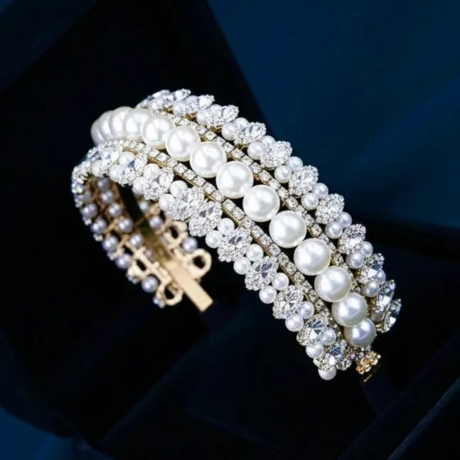 Elegant Pearl & Crystal Bridal Headband in Gold | Wedding  display picture 2