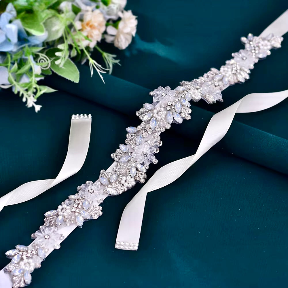 Wedding Accessories - Swarovski Opal and Pearl Bridal Belt/Sash