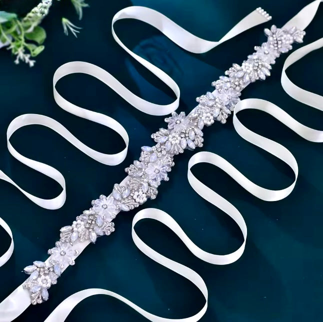 Wedding Accessories - Swarovski Opal and Pearl Bridal Belt/Sash