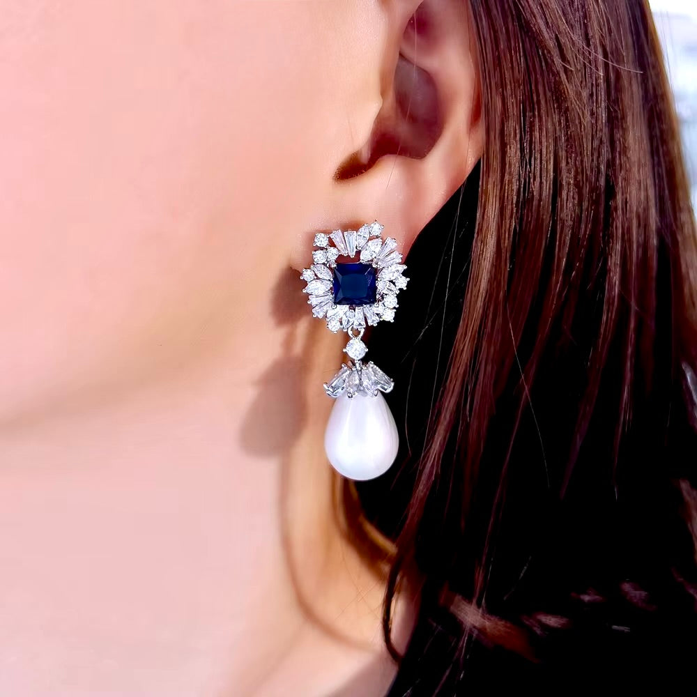 Wedding Jewelry - Pearl and Blue Cubic Zirconia Bridal Earrings