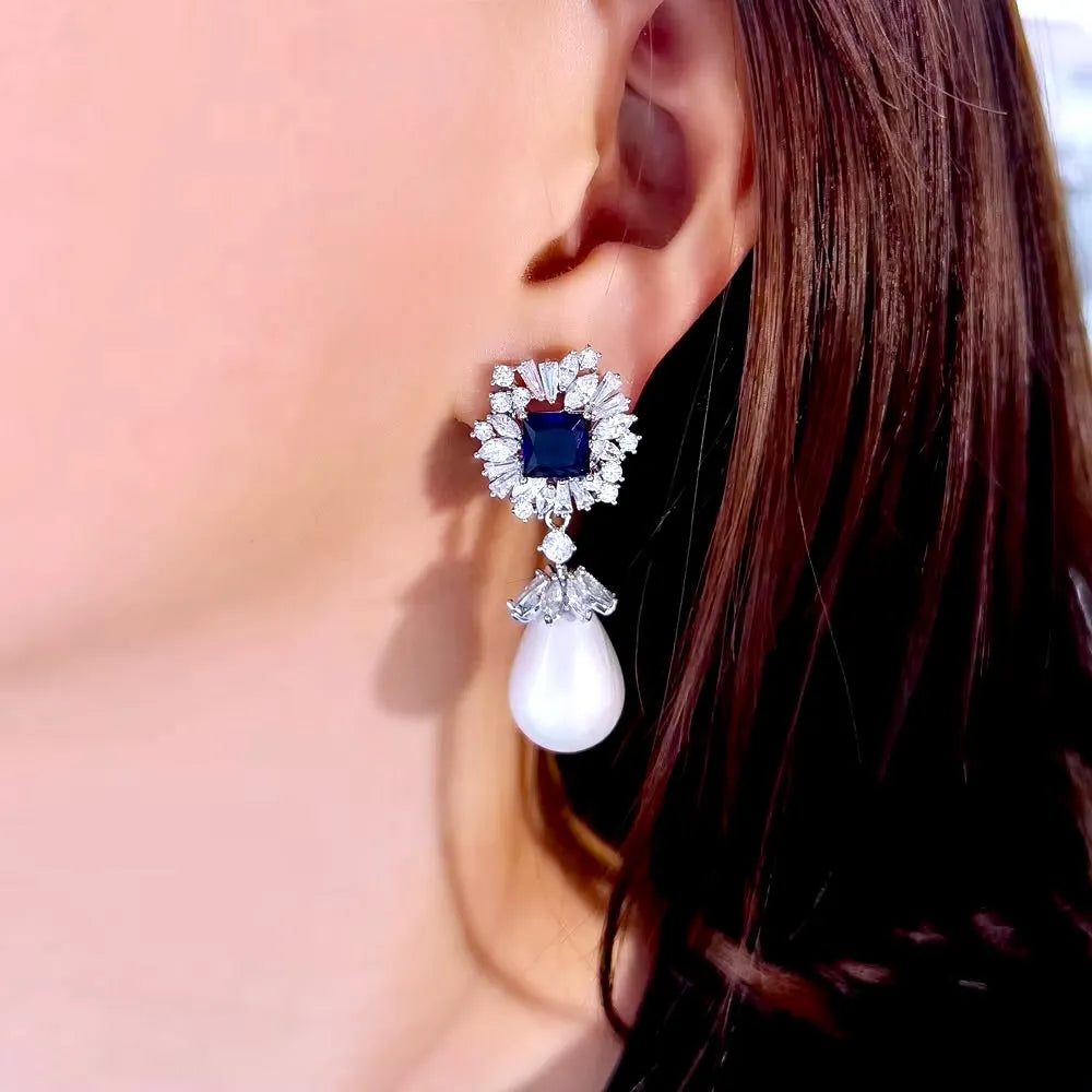 Wedding Jewelry - Pearl and Blue Cubic Zirconia Bridal Earrings