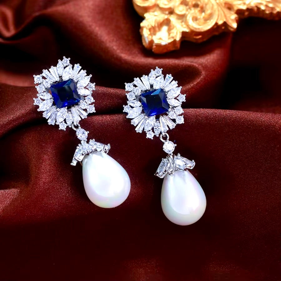 Wedding Jewelry - Pearl and Blue Cubic Zirconia Bridal Earrings