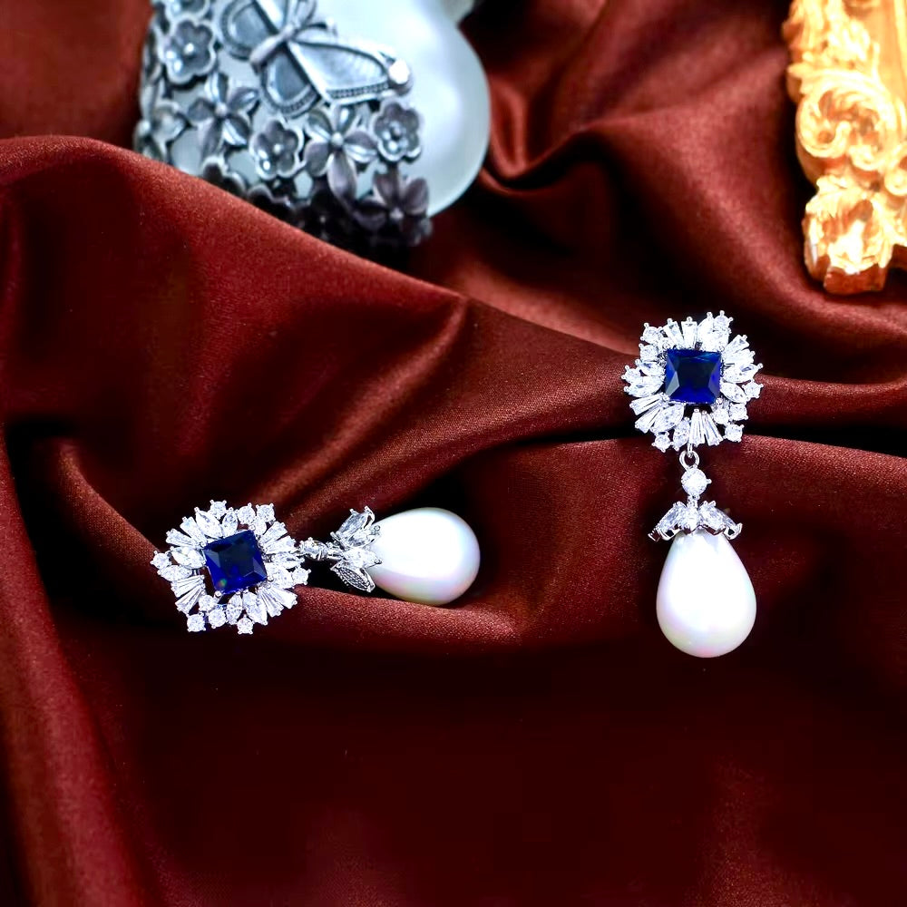 Wedding Jewelry - Pearl and Blue Cubic Zirconia Bridal Earrings
