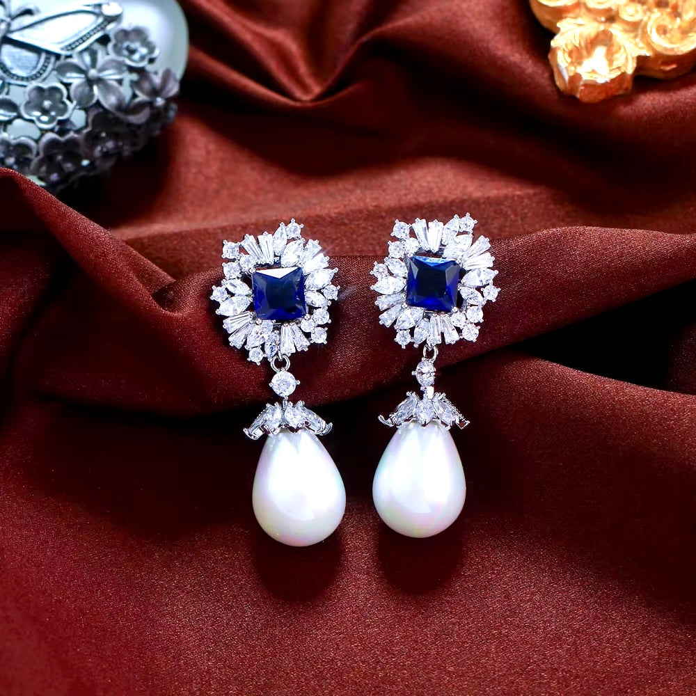Wedding Jewelry - Pearl and Blue Cubic Zirconia Bridal Earrings