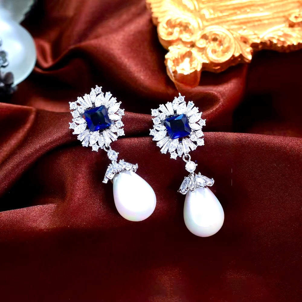 Wedding Jewelry - Pearl and Blue Cubic Zirconia Bridal Earrings