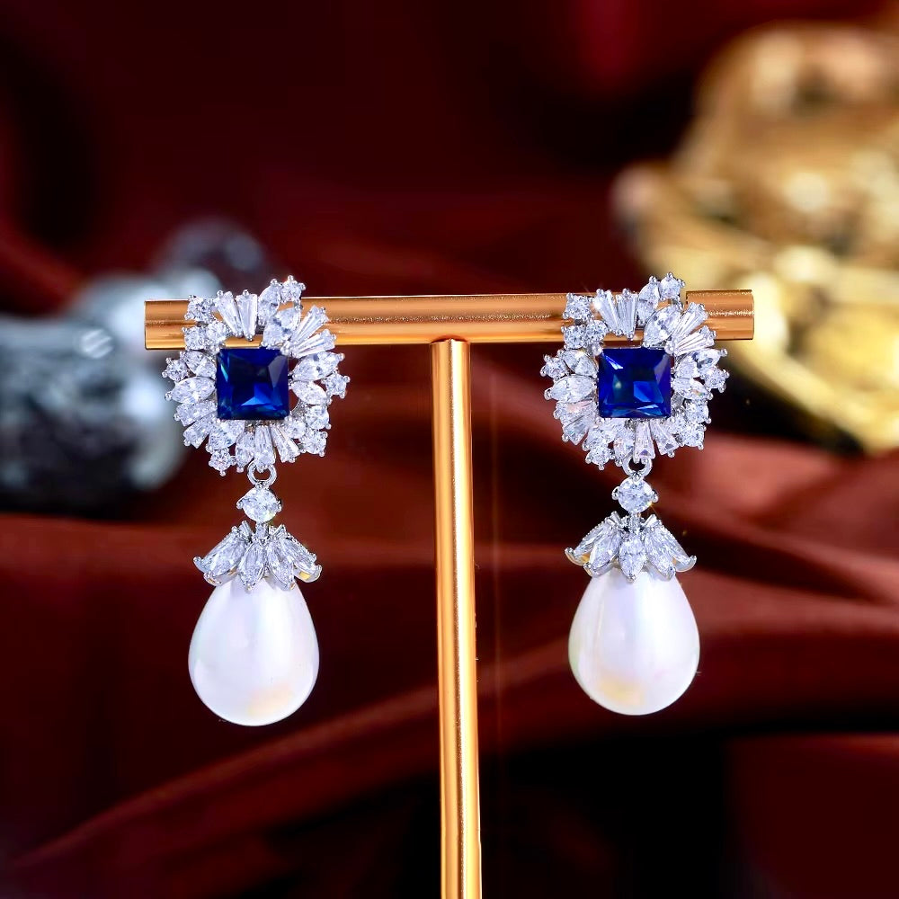 Wedding Jewelry - Pearl and Blue Cubic Zirconia Bridal Earrings