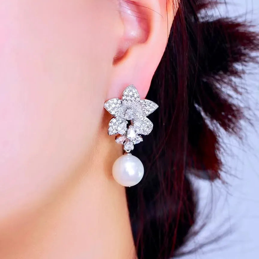 Wedding Jewelry - Pearl and Cubic Zirconia Bridal Earrings