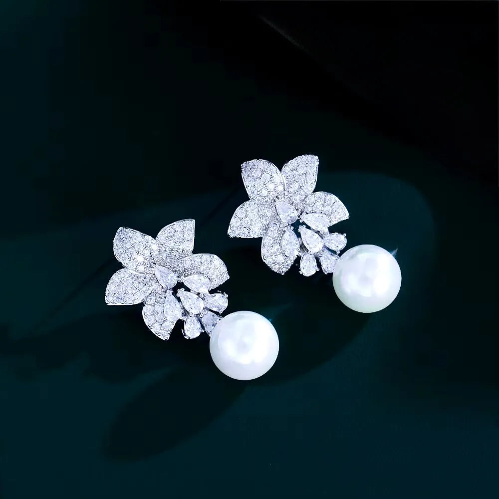 Wedding Jewelry - Pearl and Cubic Zirconia Bridal Earrings