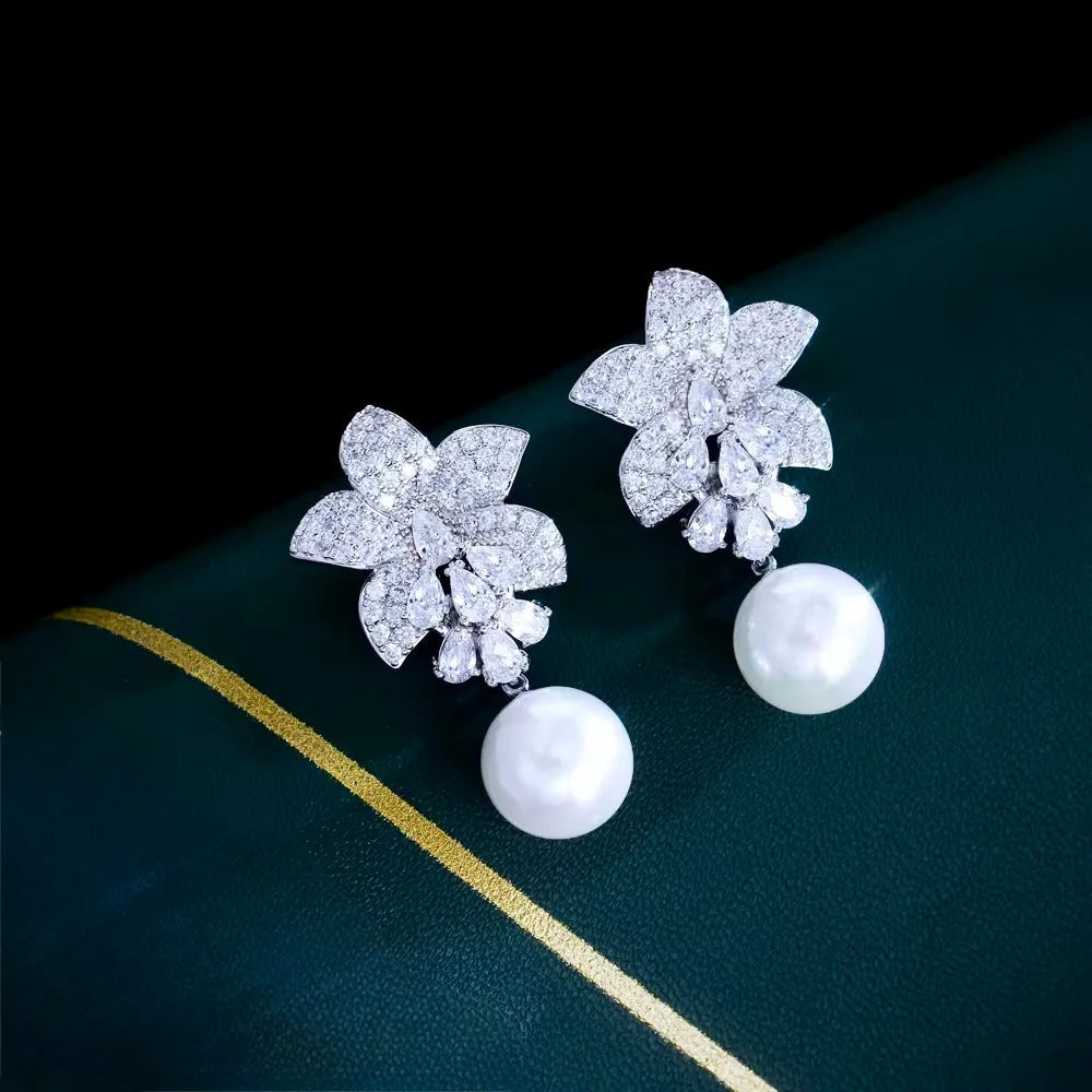 Wedding Jewelry - Pearl and Cubic Zirconia Bridal Earrings