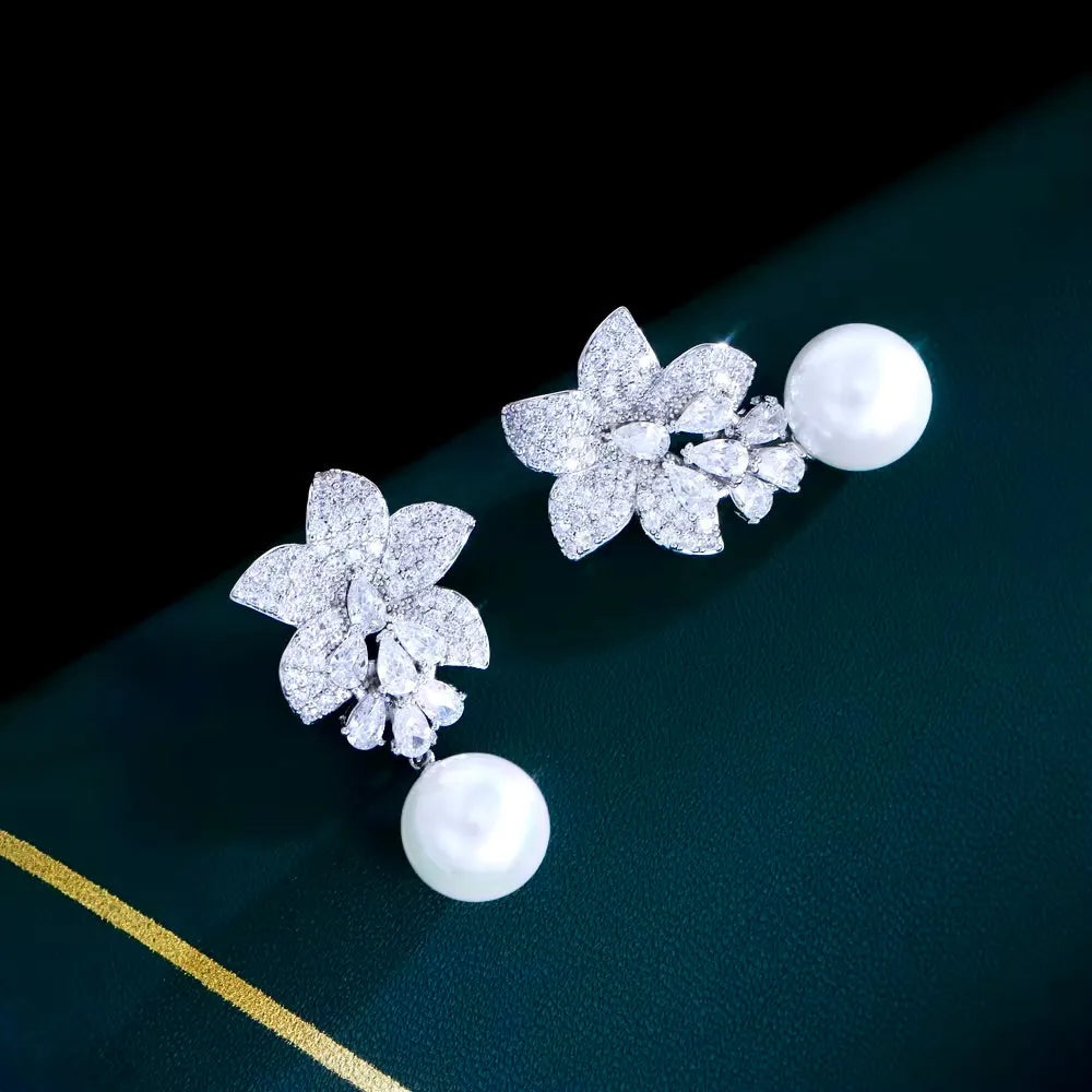 Wedding Jewelry - Pearl and Cubic Zirconia Bridal Earrings