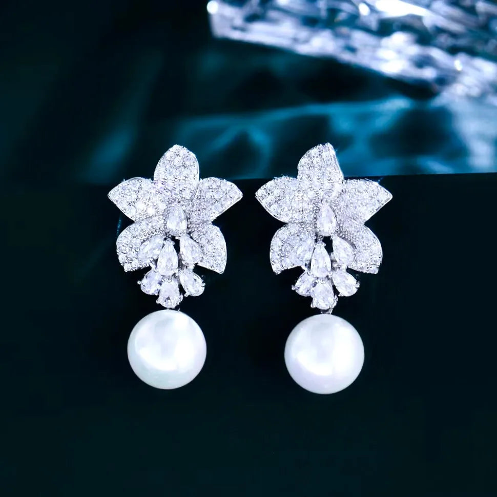 Wedding Jewelry - Pearl and Cubic Zirconia Bridal Earrings