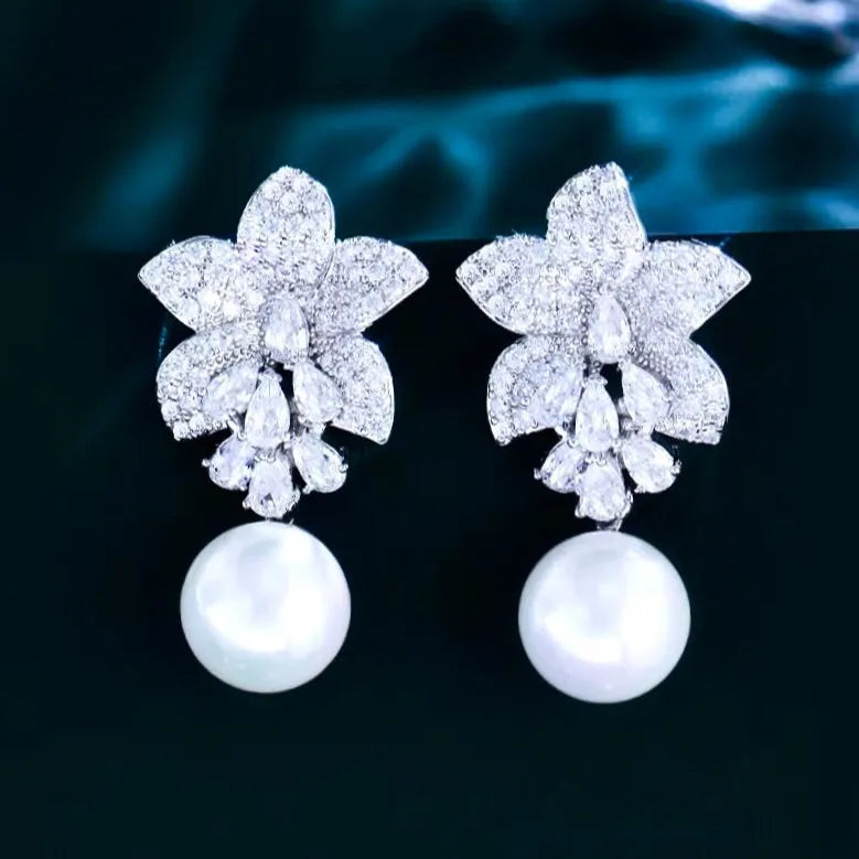 Eleana - Pearl and Cubic Zirconia Bridal Earrings