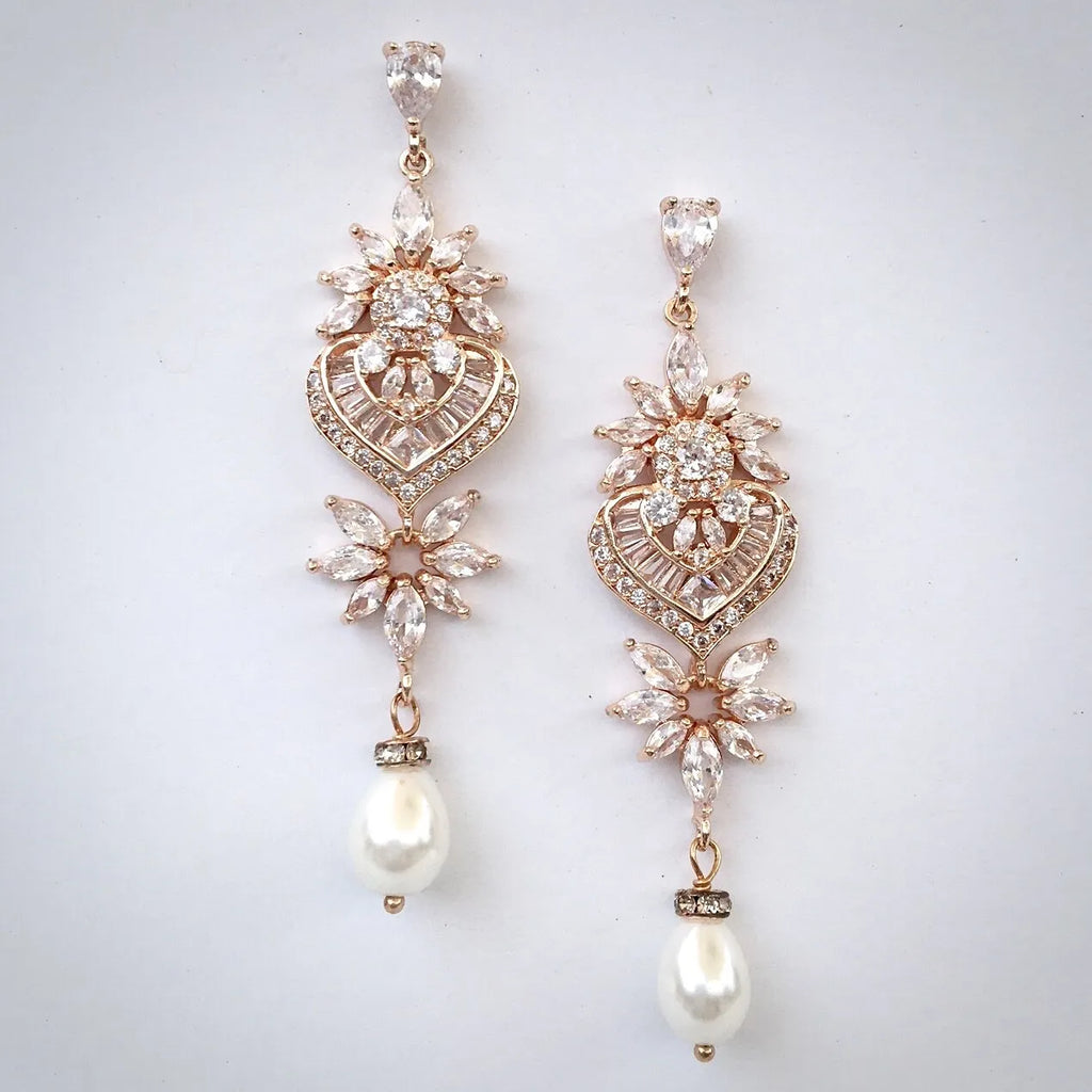 Wedding Jewelry - Art Deco Pearl and CZ Bridal Earrings - Available in Silver, Rose Gold and Yellow Gold
