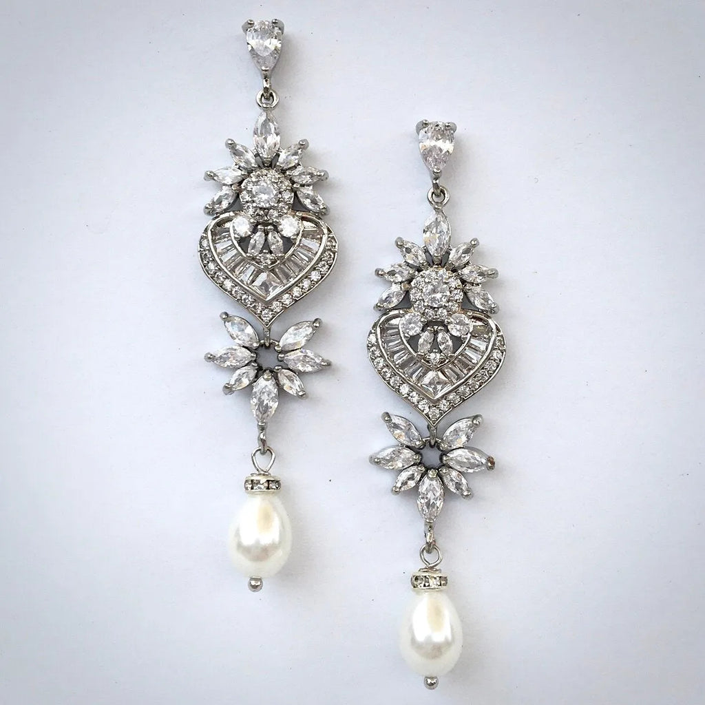 Wedding Jewelry - Art Deco Pearl and CZ Bridal Earrings - Available in Silver, Rose Gold and Yellow Gold
