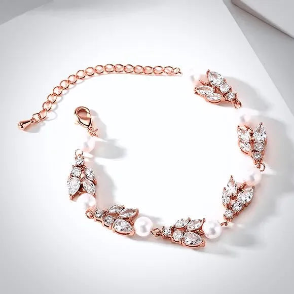 Pearl Wedding Jewelry - Pearl and Cubic Zirconia Bridal Bracelet - Available in Rose Gold, Silver and Yellow Gold