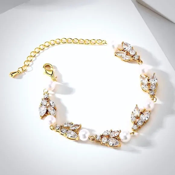 Pearl Wedding Jewelry - Pearl and Cubic Zirconia Bridal Bracelet - Available in Rose Gold, Silver and Yellow Gold