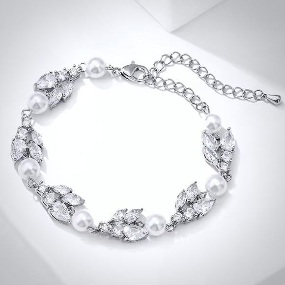 Pearl Wedding Jewelry - Pearl and Cubic Zirconia Bridal Bracelet - Available in Rose Gold, Silver and Yellow Gold