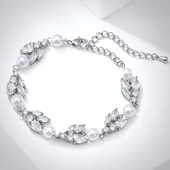Pearl Wedding Jewelry - Pearl and Cubic Zirconia Bridal Bracelet - Available in Rose Gold, Silver and Yellow Gold