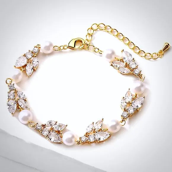 Pearl Wedding Jewelry - Pearl and Cubic Zirconia Bridal Bracelet - Available in Rose Gold, Silver and Yellow Gold