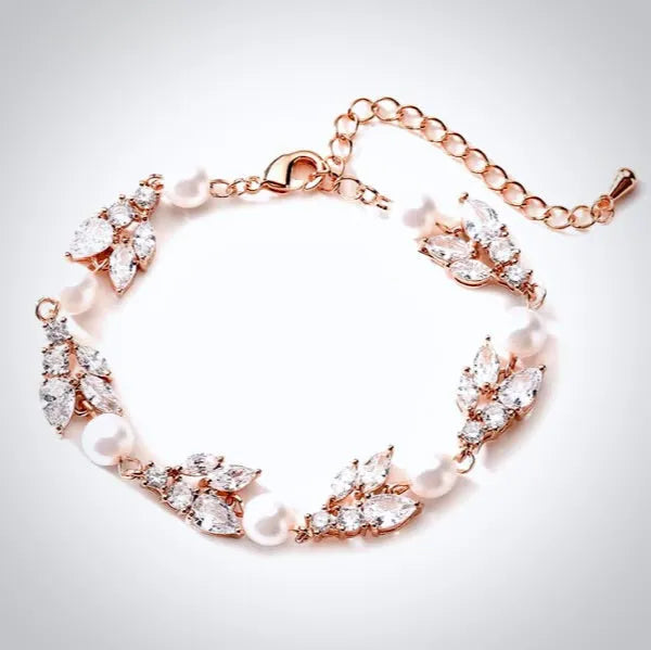 Pearl Wedding Jewelry - Pearl and Cubic Zirconia Bridal Bracelet - Available in Rose Gold, Silver and Yellow Gold