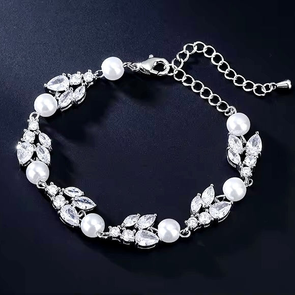 Pearl Wedding Jewelry - Pearl and Cubic Zirconia Bridal Bracelet - Available in Rose Gold, Silver and Yellow Gold