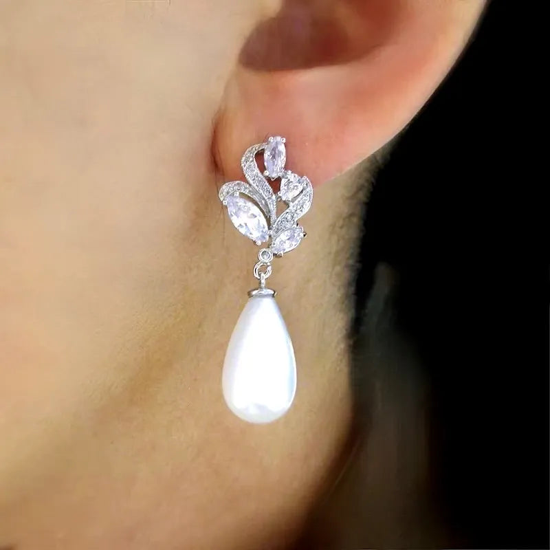 Wedding Jewelry - Pearl and Cubic Zirconia Bridal Earrings