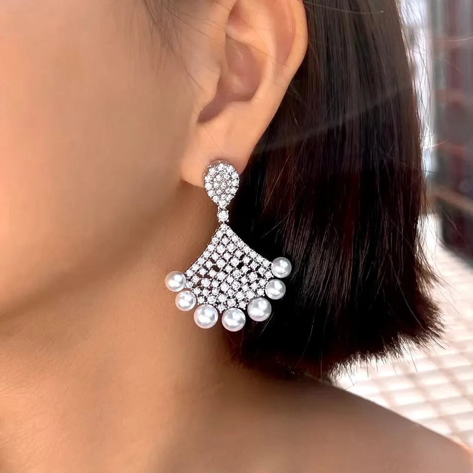 Wedding Jewelry - Pearl and Cubic Zirconia Bridal Earrings