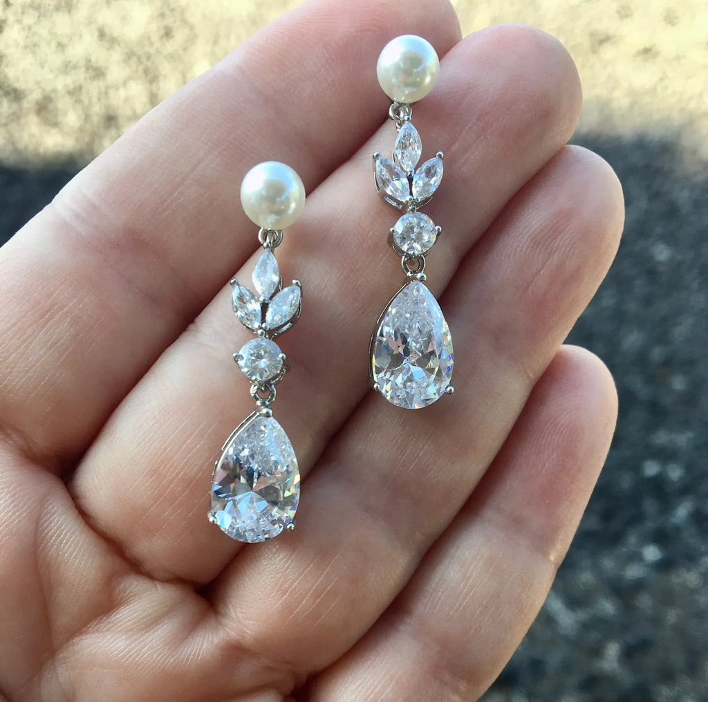 Wedding Jewelry - Pearl and Cubic Zirconia Bridal Earrings - Available in Silver, Rose Gold and Yellow Gold