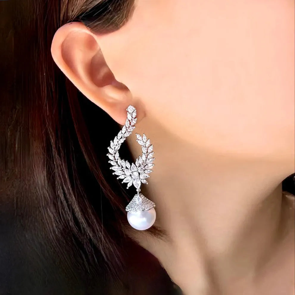 Wedding Jewelry - Pearl and Cubic Zirconia Bridal Earrings 