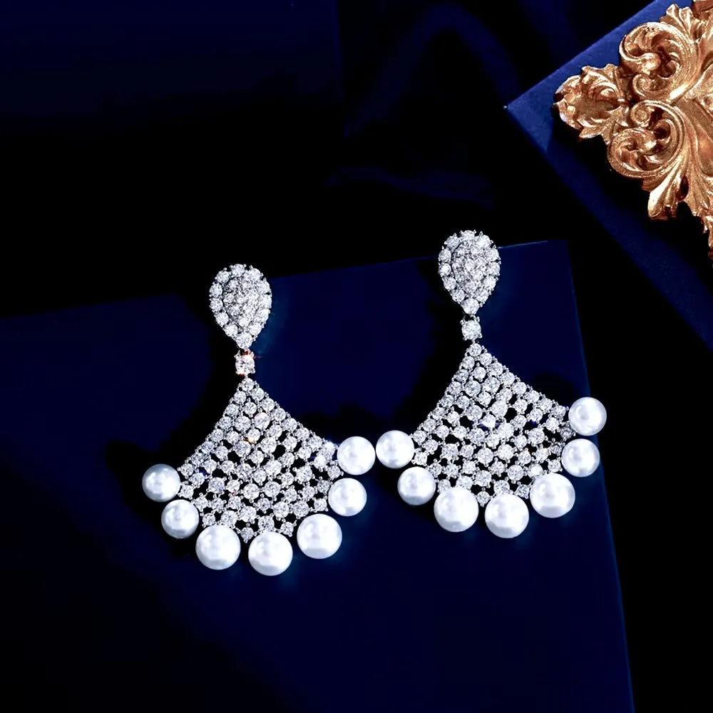 Wedding Jewelry - Pearl and Cubic Zirconia Bridal Earrings