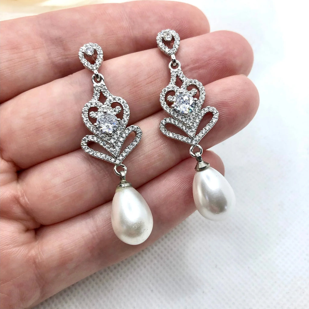 Wedding Jewelry - Pearl and Cubic Zirconia Bridal Earrings