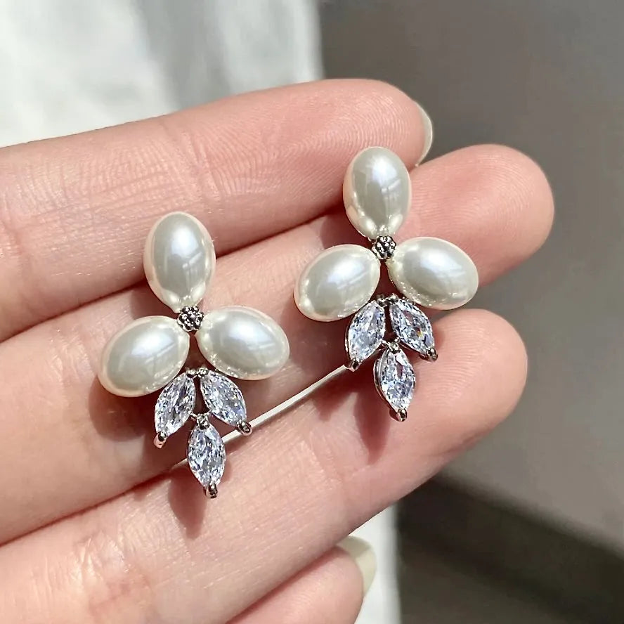 Wedding Jewelry - Pearl and Cubic Zirconia Bridal Earrings - Available in Silver, Rose Gold and Yellow Gold