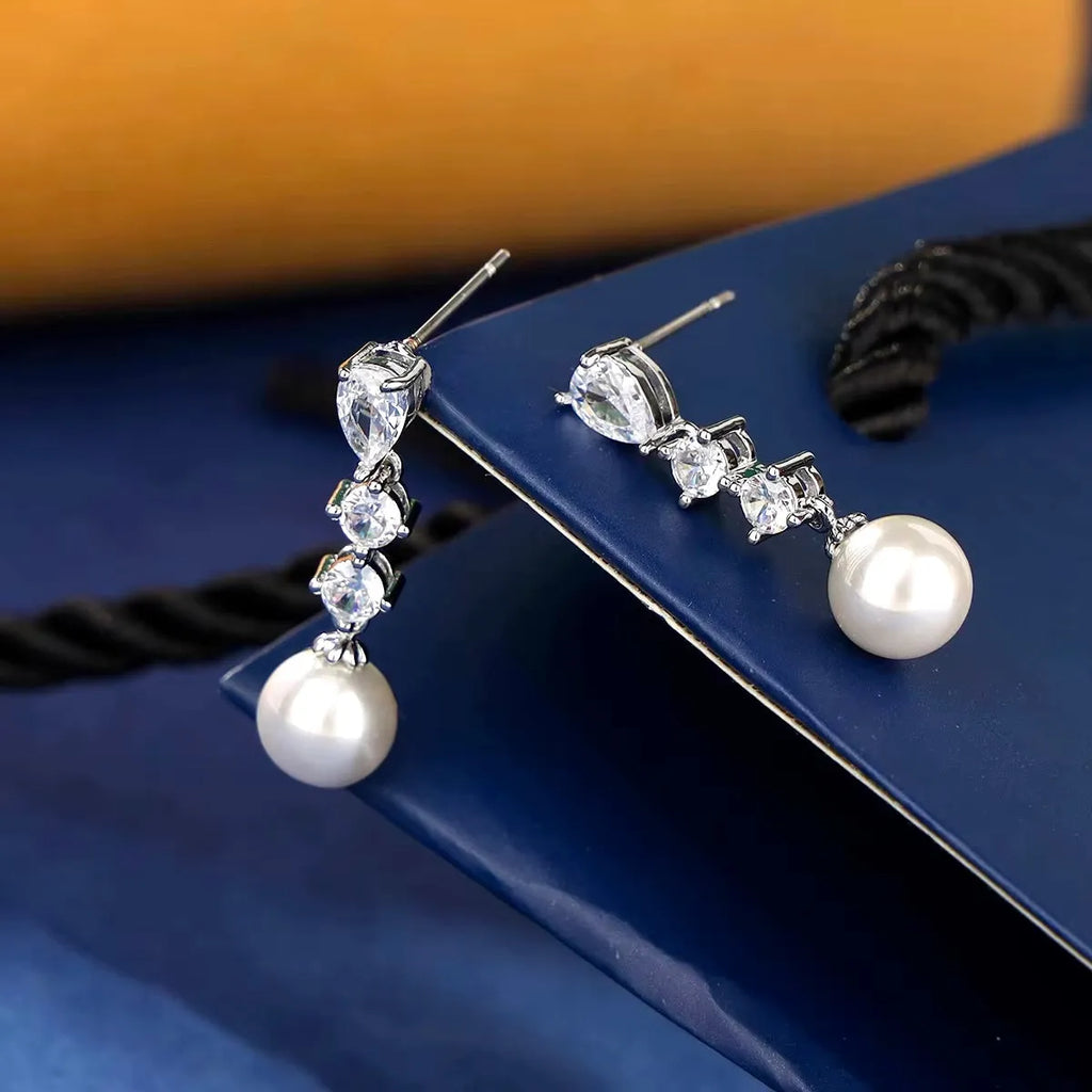 Pearl Wedding Jewelry - Pearl and Cubic Zirconia Bridal Earrings