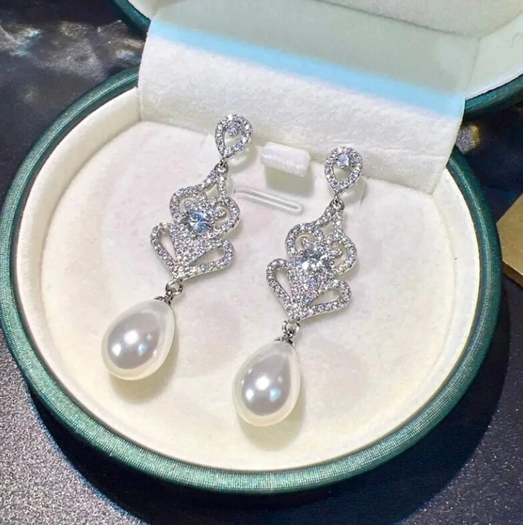 Wedding Jewelry - Pearl and Cubic Zirconia Bridal Earrings