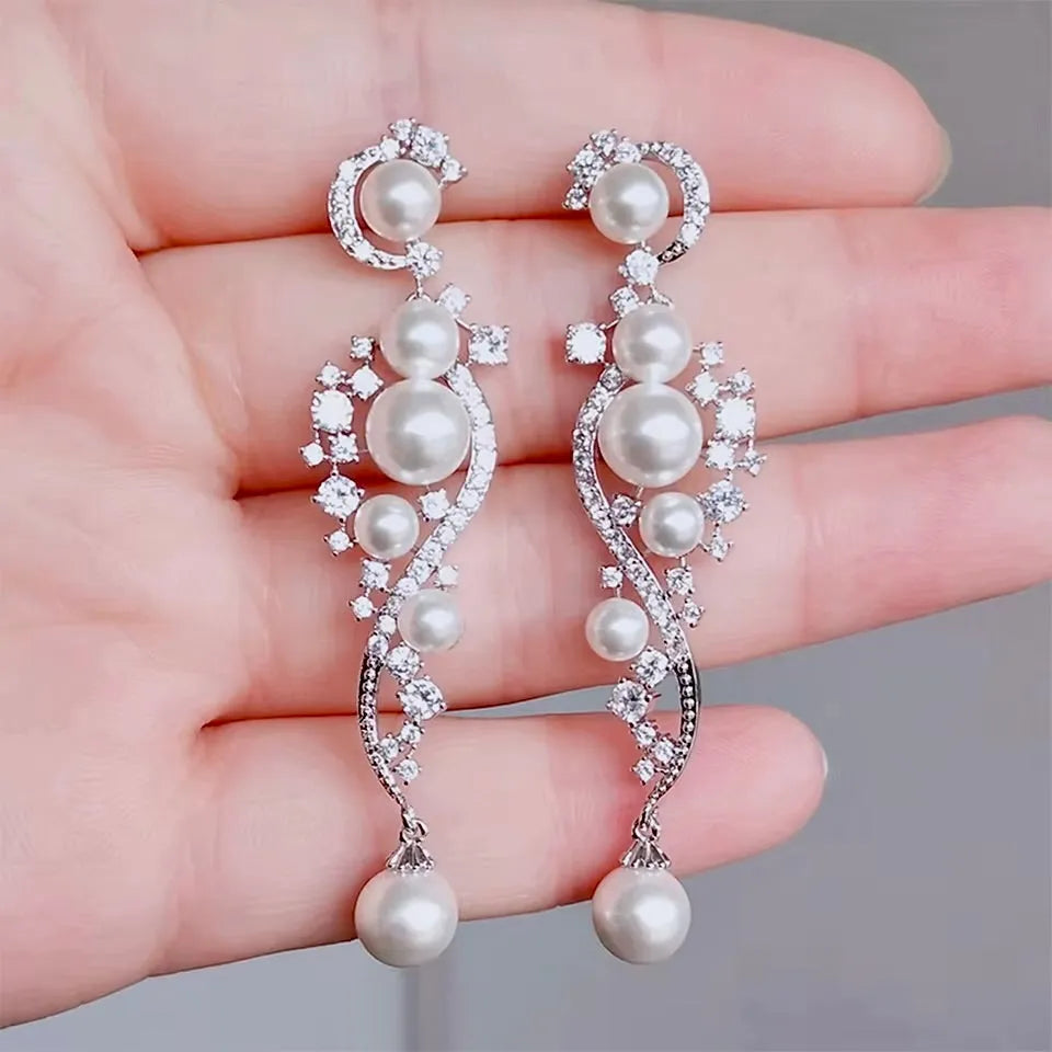 Wedding Jewelry - Pearl and Cubic Zirconia Bridal Earrings