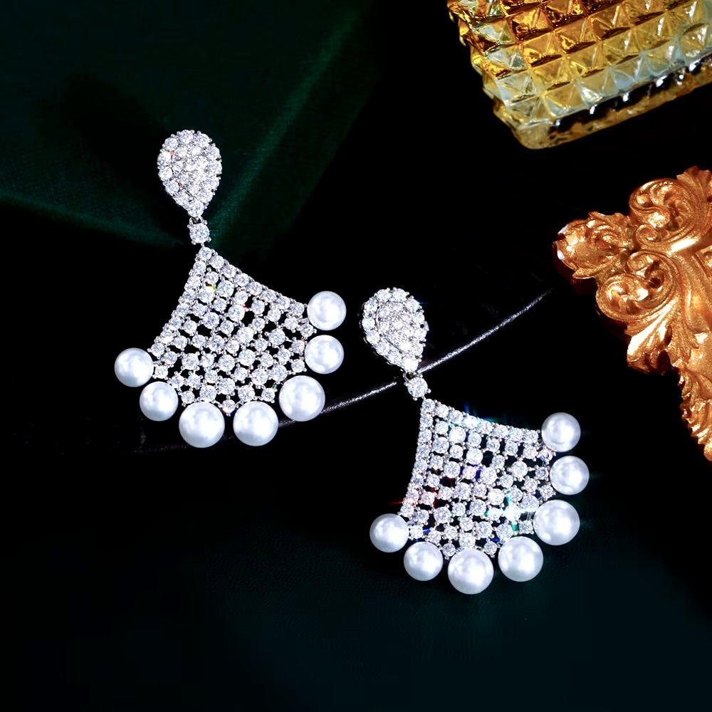 Wedding Jewelry - Pearl and Cubic Zirconia Bridal Earrings