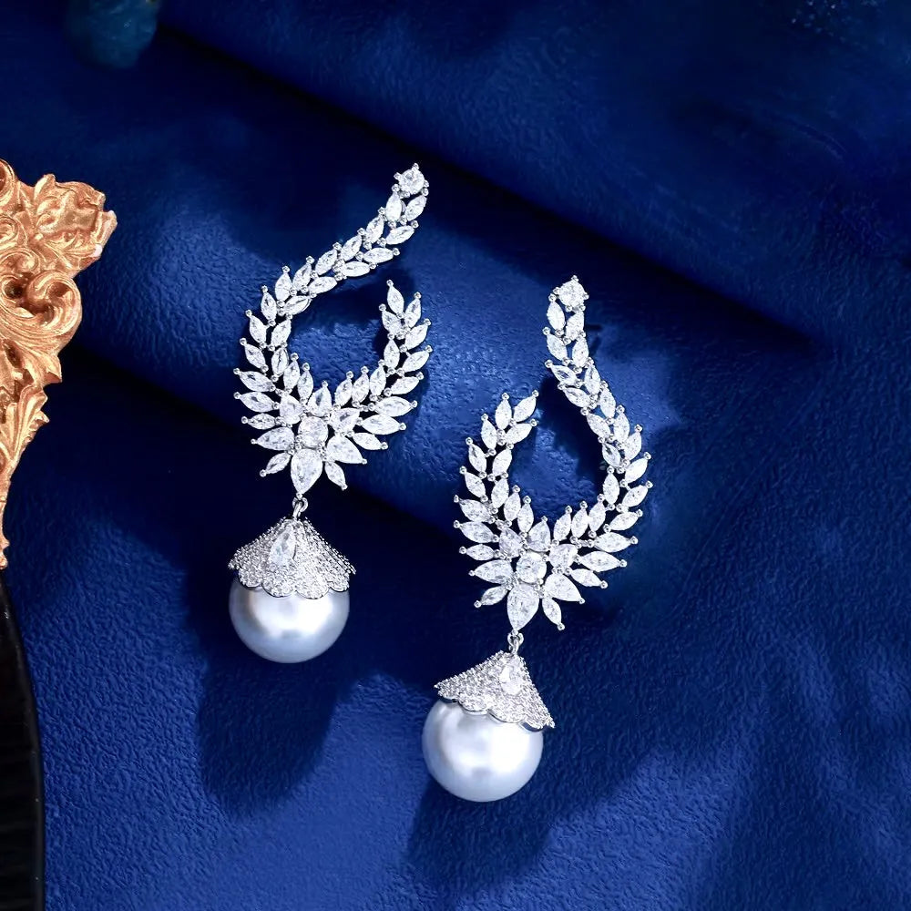 Wedding Jewelry - Pearl and Cubic Zirconia Bridal Earrings 