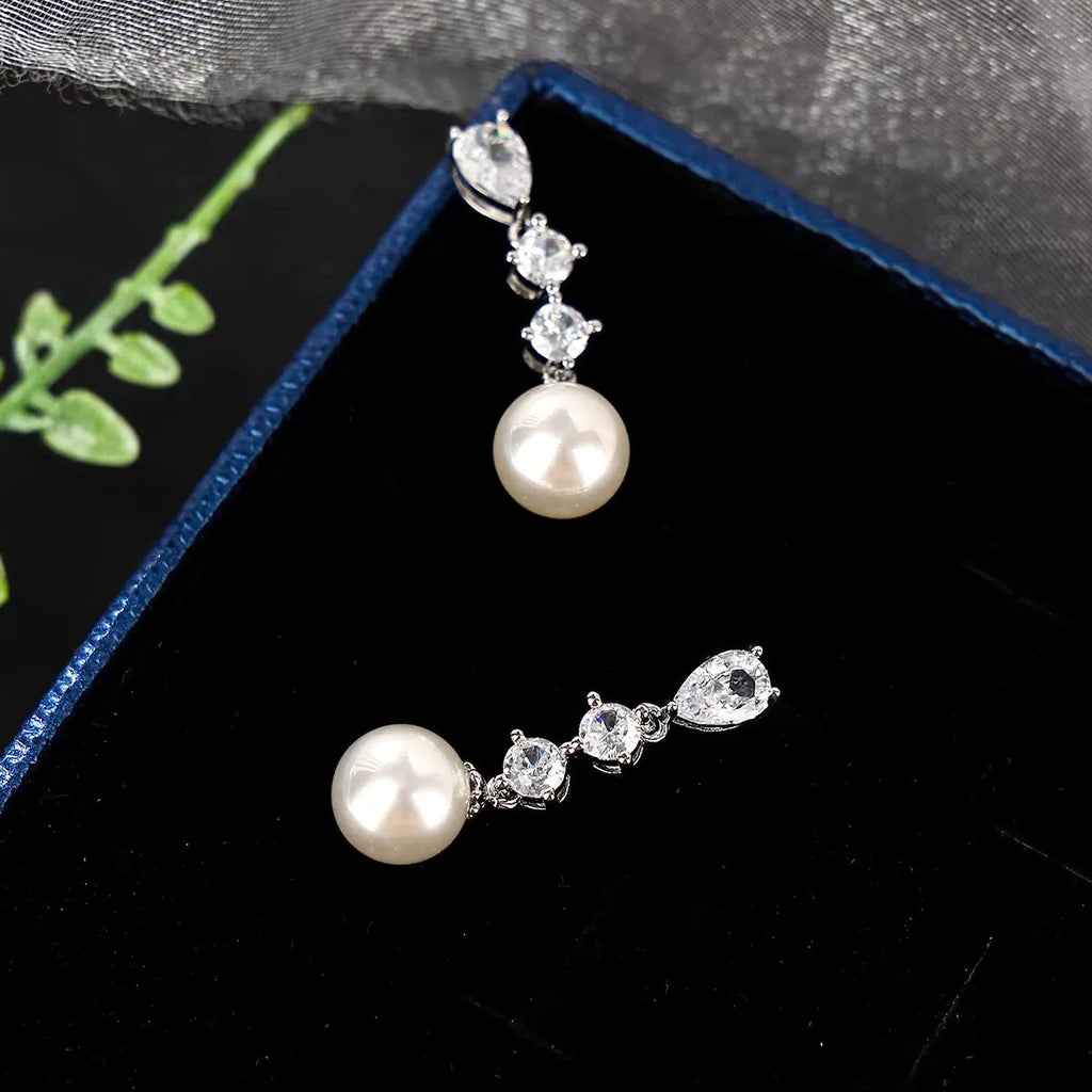 Pearl Wedding Jewelry - Pearl and Cubic Zirconia Bridal Earrings