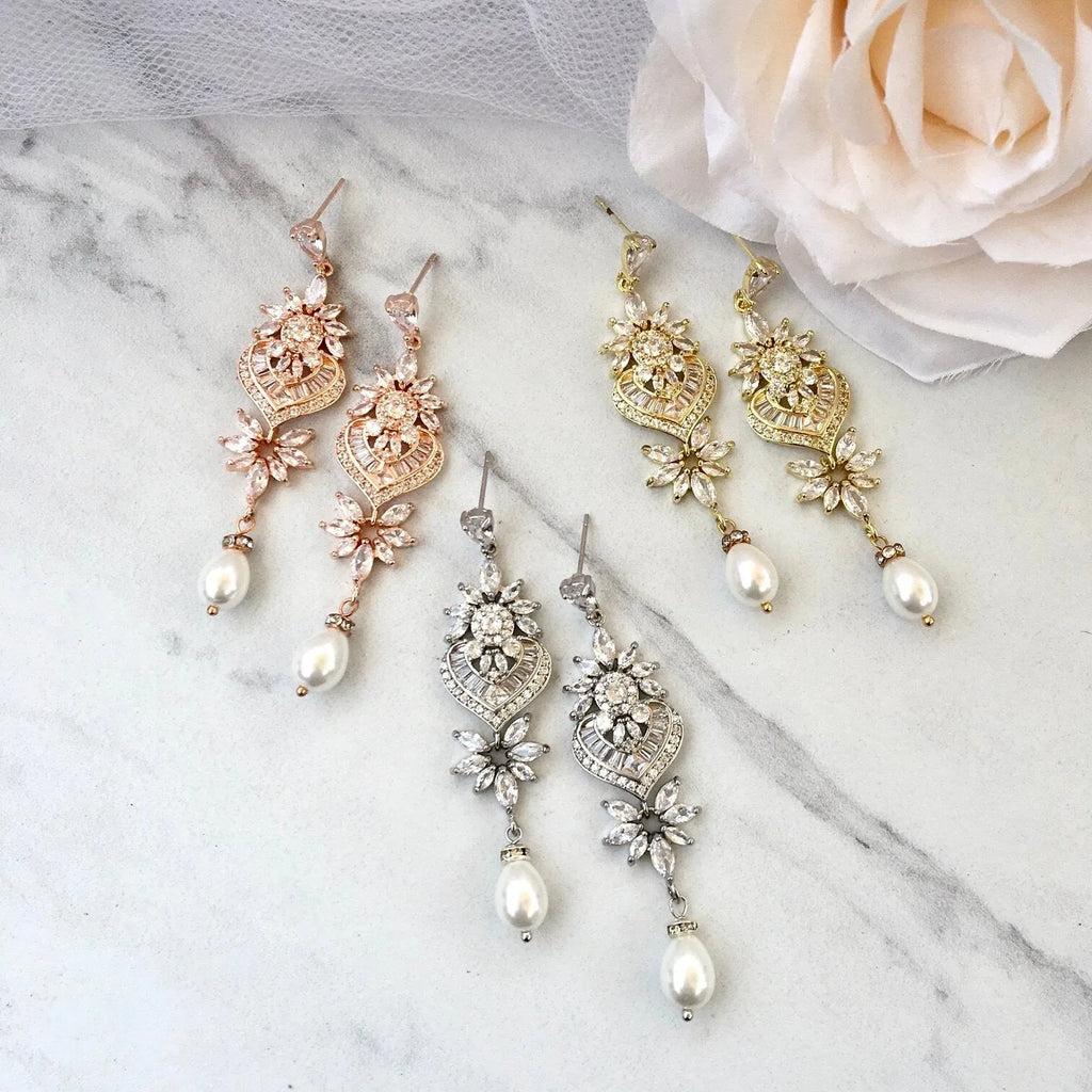 Wedding Jewelry - Art Deco Pearl and CZ Bridal Earrings - Available in Silver, Rose Gold and Yellow Gold
