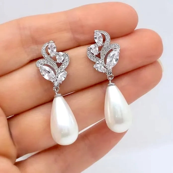 Wedding Jewelry - Pearl and Cubic Zirconia Bridal Earrings