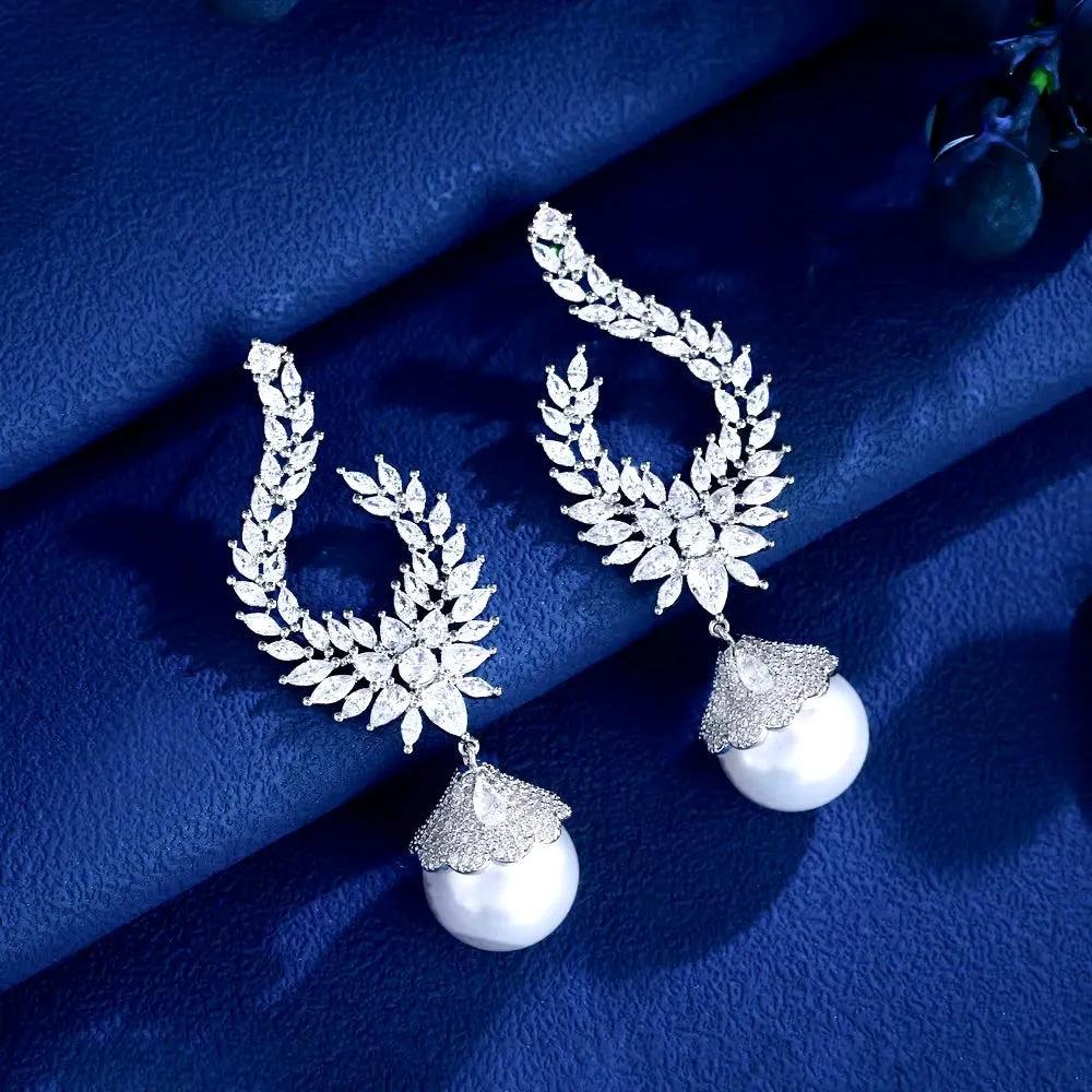 Wedding Jewelry - Pearl and Cubic Zirconia Bridal Earrings 