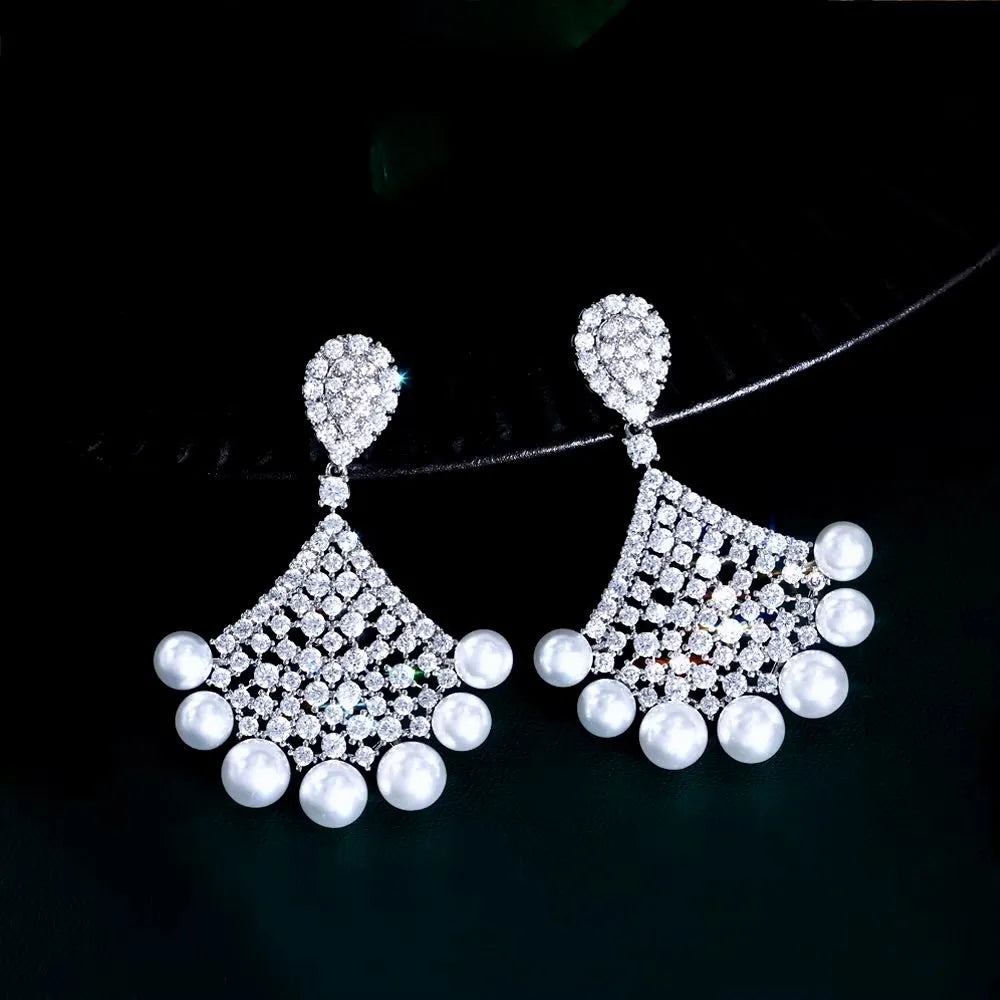 Wedding Jewelry - Pearl and Cubic Zirconia Bridal Earrings