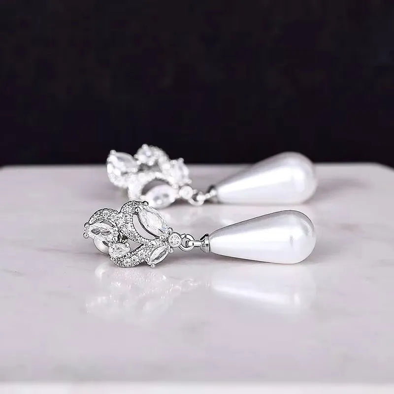 Wedding Jewelry - Pearl and Cubic Zirconia Bridal Earrings