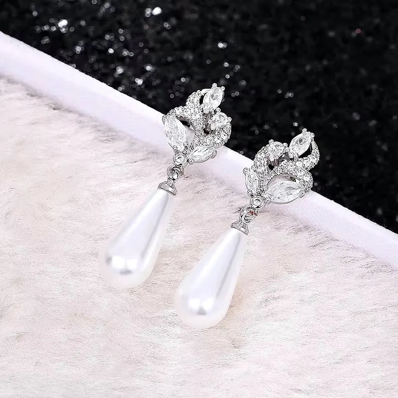 Wedding Jewelry - Pearl and Cubic Zirconia Bridal Earrings