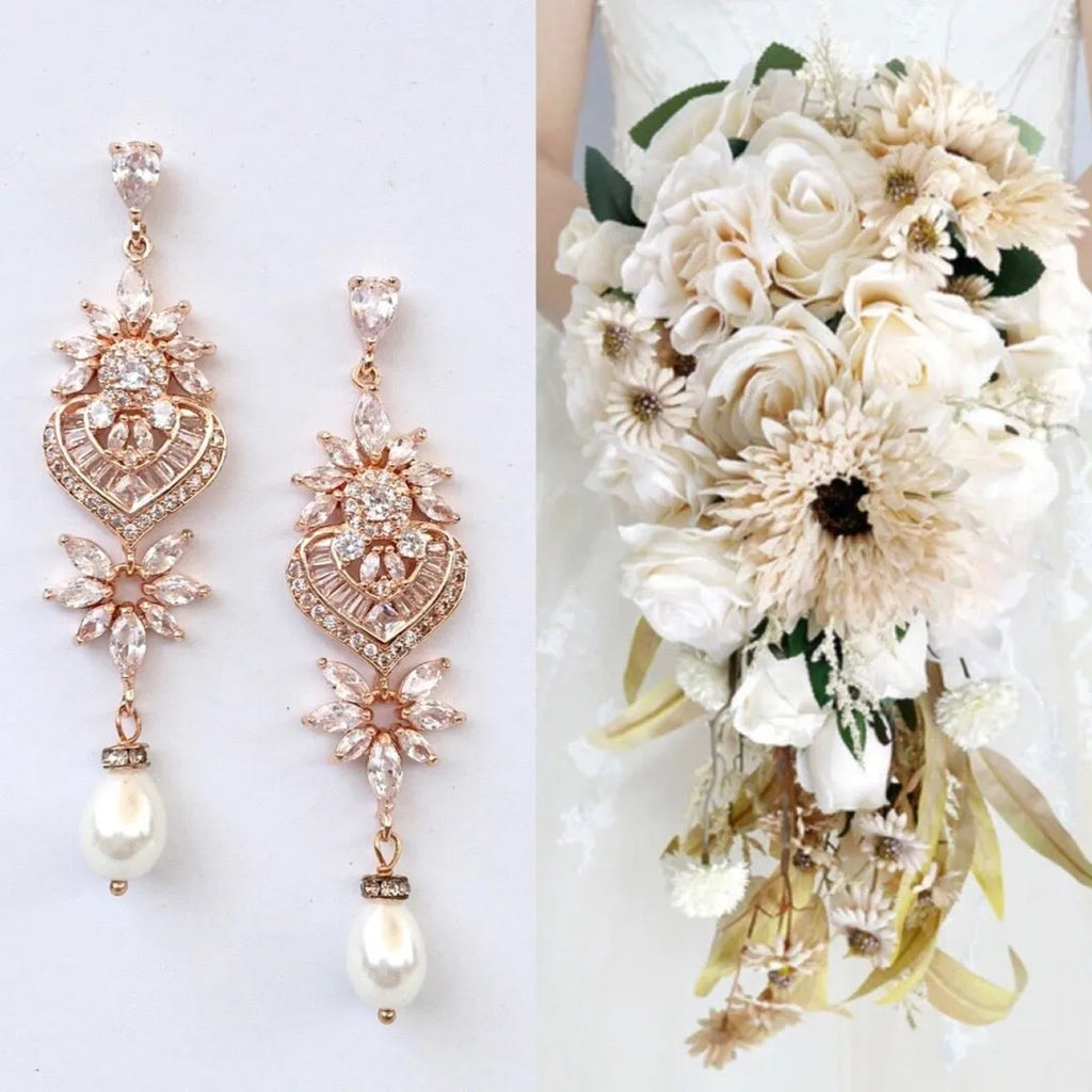 Wedding Jewelry - Art Deco Pearl and CZ Bridal Earrings - Available in Silver, Rose Gold and Yellow Gold