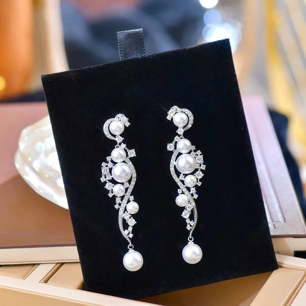 Wedding Jewelry - Pearl and Cubic Zirconia Bridal Earrings