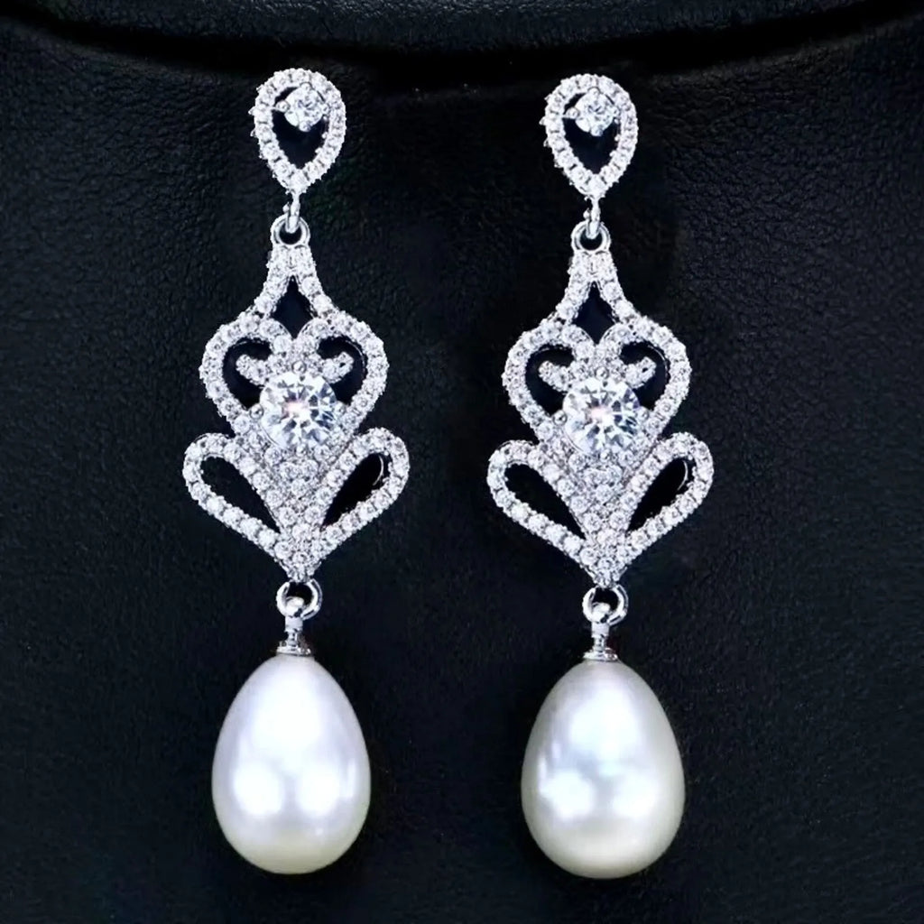 Wedding Jewelry - Pearl and Cubic Zirconia Bridal Earrings