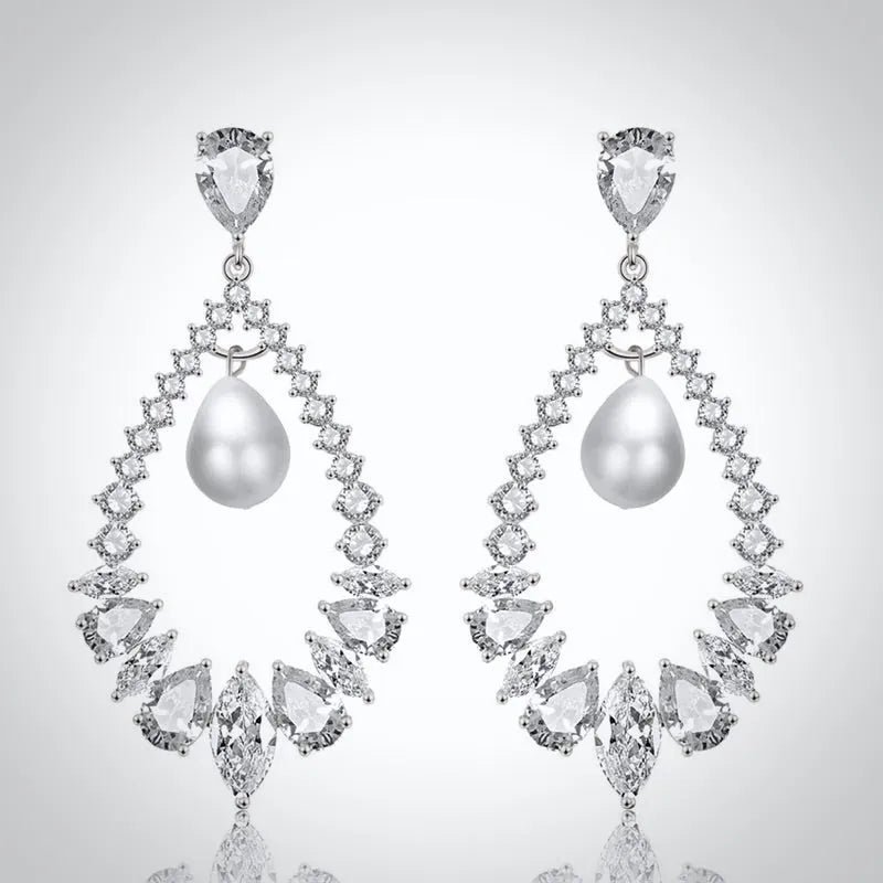 Wedding Jewelry - Pearl and Cubic Zirconia Bridal Earrings - Available in Silver and Rose Gold