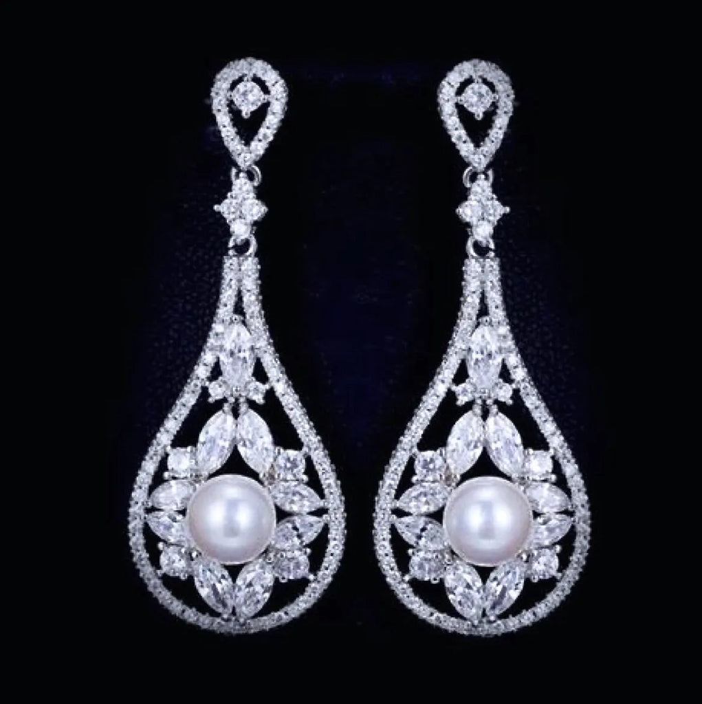 Pearl Wedding Jewelry - Pearl and Cubic Zirconia Bridal Earrings
